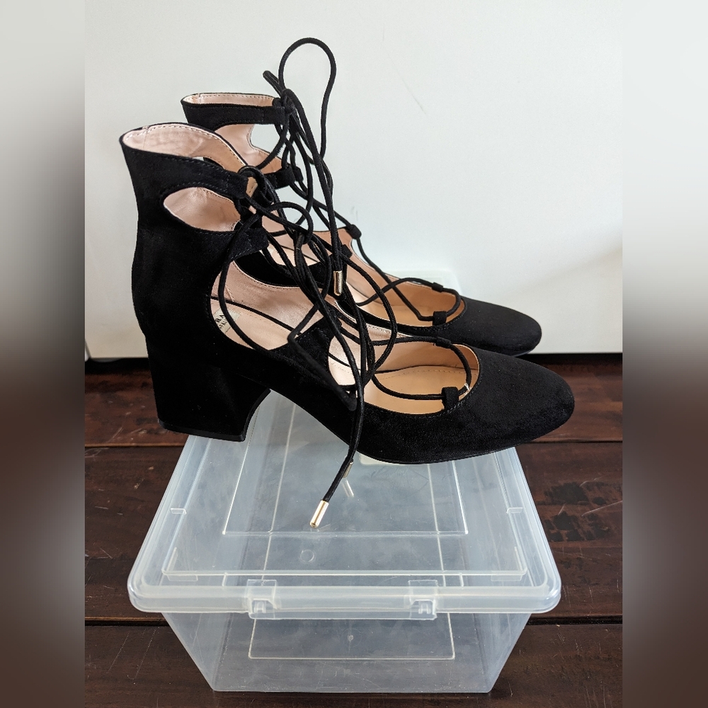 Zara Lace up Black Suede Heels - Picture 4 of 9